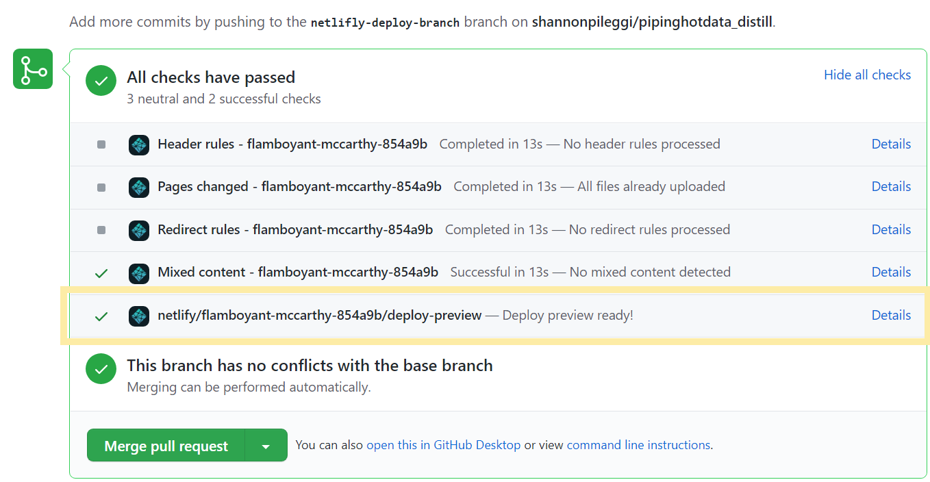 Screenshot of checks run on GitHub pull request. Click on "Details" where it says "Deploy preview ready!" to open the preview url.