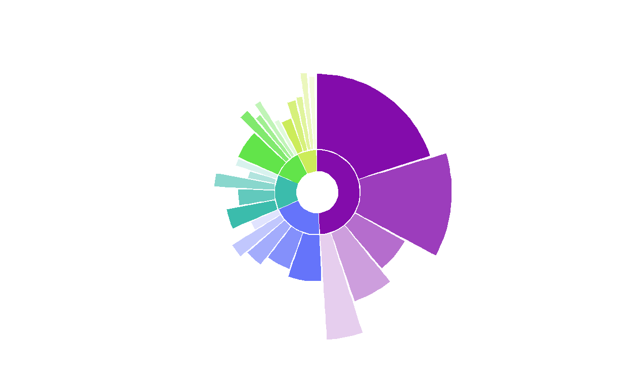 Two rings on sunburst: inner ring shows frequency of industry, outer ring shows frequency of title within industry, in addition bar length for median salary per title.