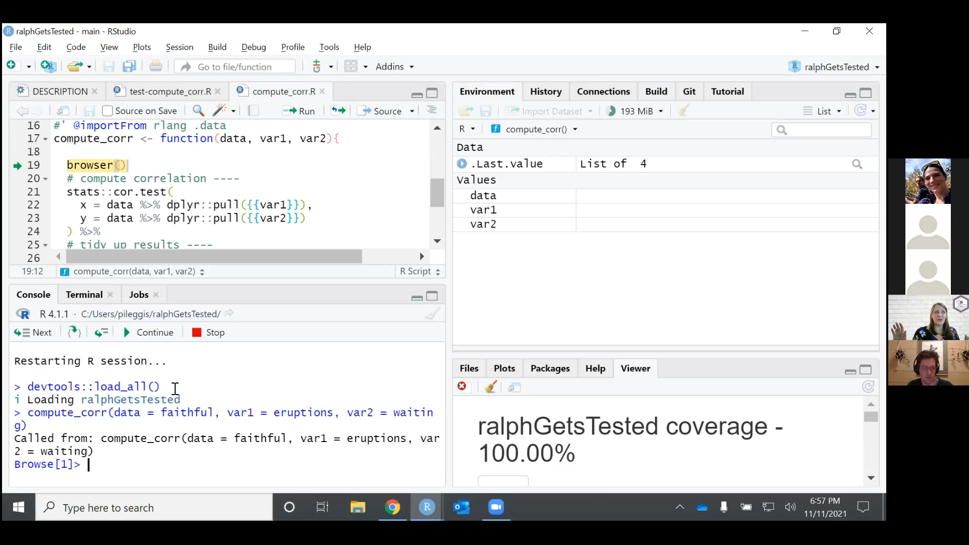 In compute_corr.R source script, we see `browser()` is highlighted in yellow. In console, instead of `>`, we see `Browse[1]>`. We also see a new environment window.