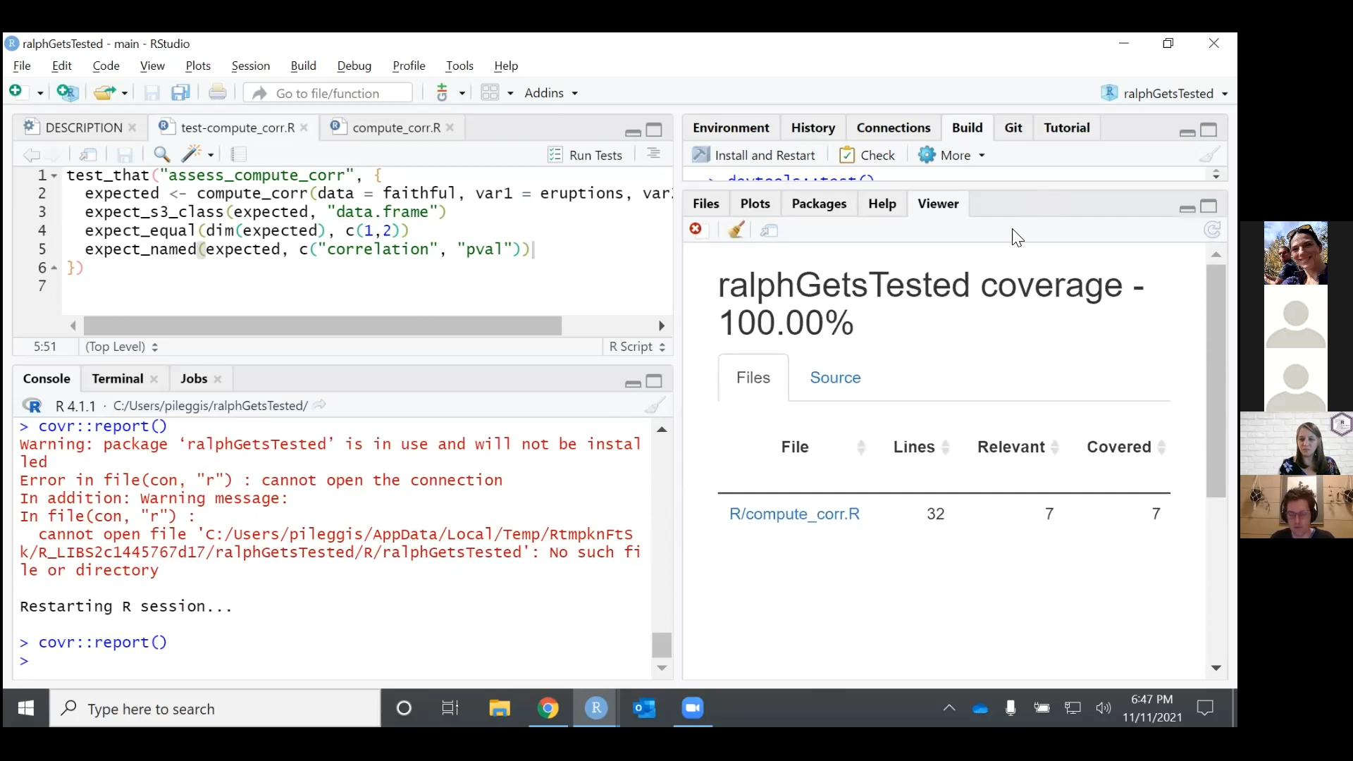 `test-compute_corr.R` shows 3 expectations in `test_that(...)`; `Build` pane on top right hand side shows [FAIL 0 | WARN 0 | SKIP 0 | Pass 3]; `Viewer` panel on bottom right hand side shows 100% test coverage.