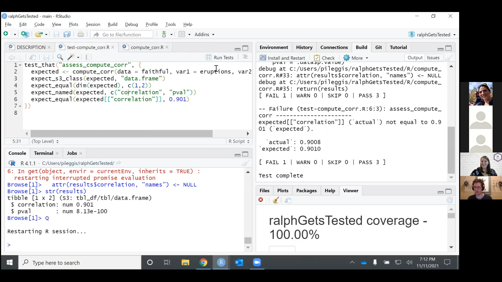 In the `Build` pane we see a failing test with the note `actual: 0.9008` and `expected: 0.9010`.