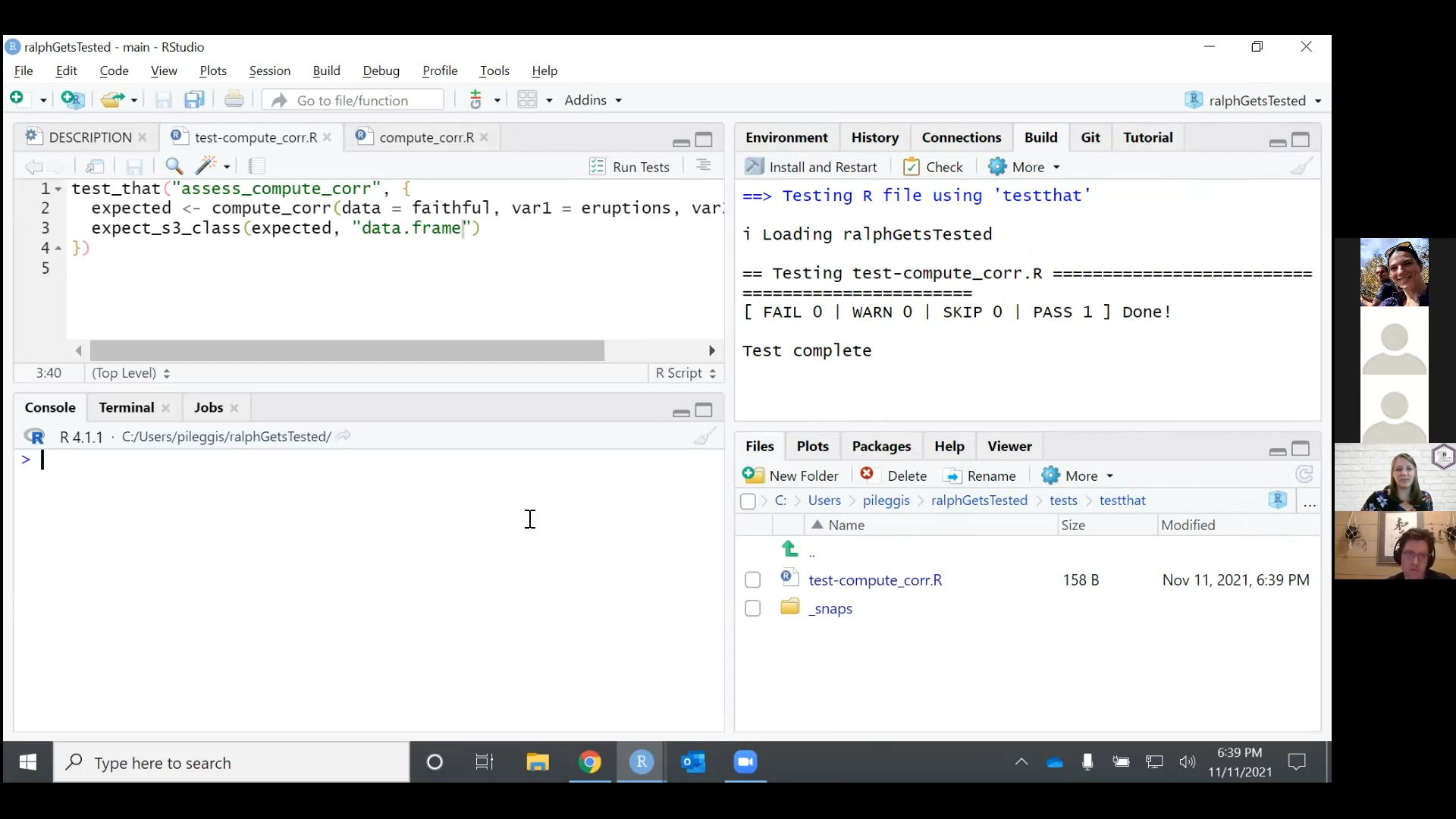 `test-compute_corr.R` shows 1 expectation in `test_that(...)`; `Build` pane on top right hand side shows [FAIL 0 | WARN 0 | SKIP 0 | Pass 1].