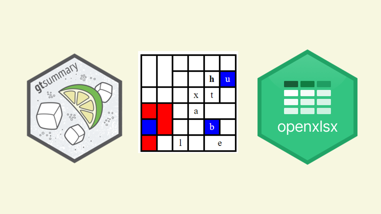Logos/hex stickers from {gtsummary}, {huxtable}, and {openxlsx} pacakges.